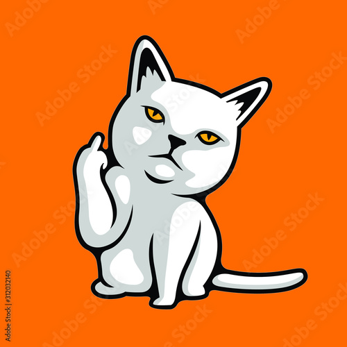 Grumpy Face White Cat Kitten Showing Fuck You Symbol Vector Illustration - Vector