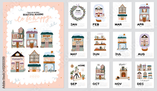 Wall calendar. 2020 Yearly Planner with all Months. Good Organizer and Schedule. Cute winter house background. Motivational quote lettering. Flat vector illustration in trendy style