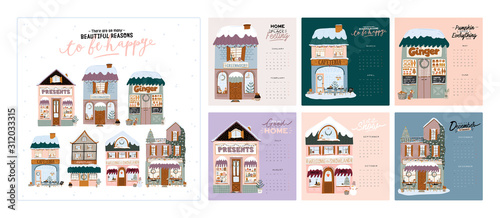 Wall calendar. 2020 Yearly Planner with all Months. Good Organizer and Schedule. Cute winter house background. Motivational quote lettering. Flat vector illustration in trendy style