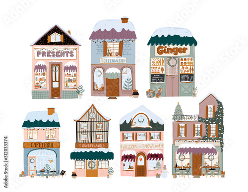 Collection of cute winter house, shop, store, cafe and restaurant isolated on white background. Christmas holiday season. Flat vector illustration in trendy scandinavian style. European city