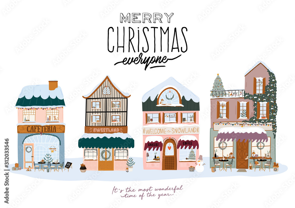 Collection of cute winter house, shop, store, cafe and restaurant isolated on white background. Christmas holiday season. Flat vector illustration in trendy scandinavian style. European city