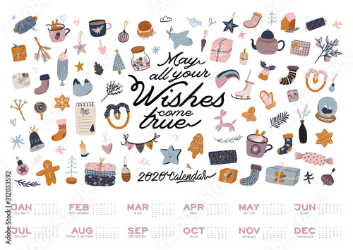 Wall calendar. 2020 Yearly Planner with all Months. Good Organizer and Schedule. Cute winter house background. Motivational quote lettering. Flat vector illustration in trendy style