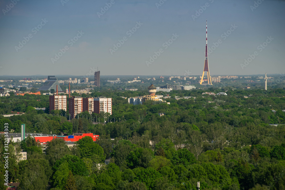 Obraz premium Panorama view of Riga from above. Summer cityscape. Latvia. TV tower.