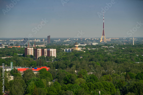 Panorama view of Riga from above. Summer cityscape. Latvia. TV tower.