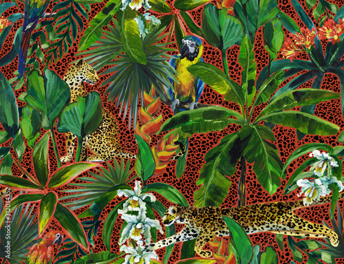 Tropical seamless pattern with tropical flowers, banana leaves and panther, leopard, cougar, wildcat, parrot. Luxury background photo