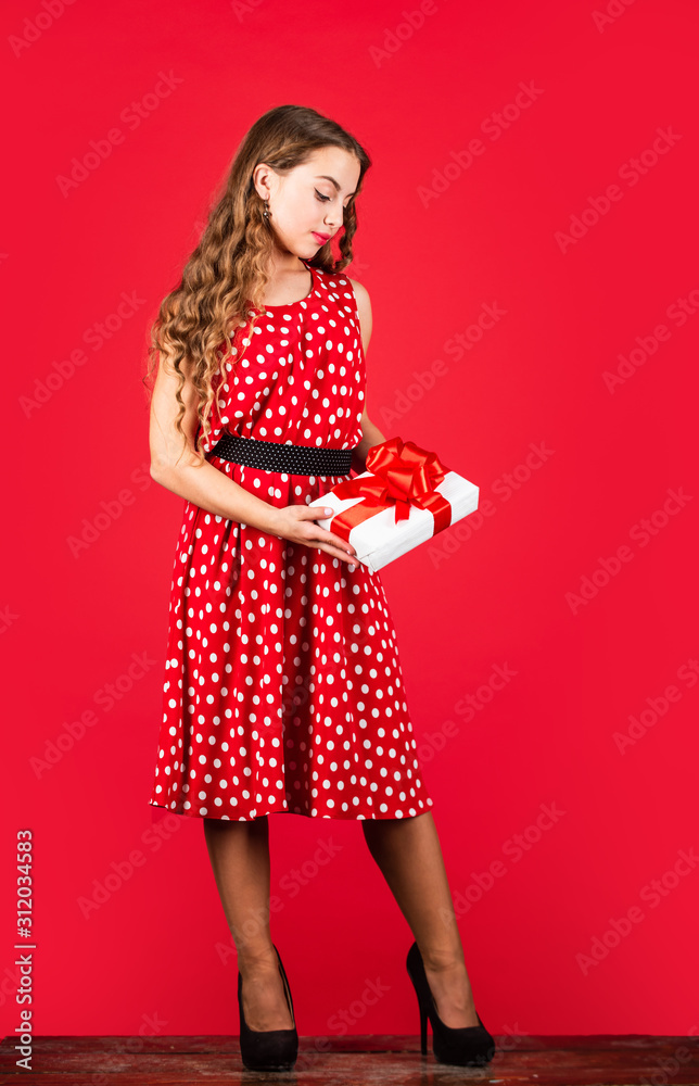Confident in her choice. happy valentines day. birthday gift box. boxing day. christmas shopping sales. really nice purchase. surprise for pinup kid. retro party style. retro girl present box Confident in her choice. happy valentines day. birthday gift box. boxing day. christmas shopping sales. really nice purchase. surprise for pinup kid. retro party style. retro girl present box