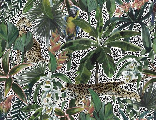 Tropical seamless pattern with tropical flowers, banana leaves and panther, leopard, cougar, wildcat, parrot. Luxury background photo