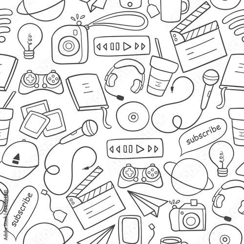 Doodle seamless pattern with blogging objects. Blogger equipment in cartoon outline. Easy to change color.