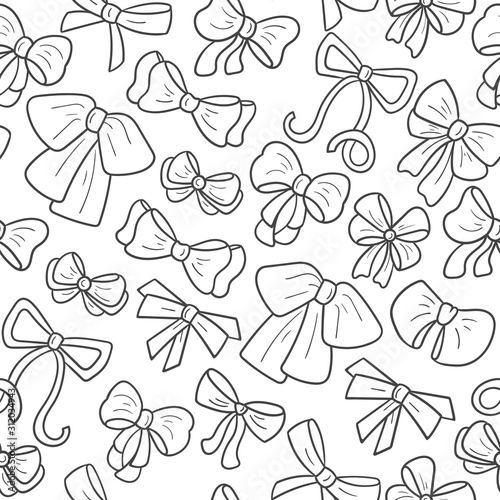 Doodle seamless pattern with tied bows in doodle style. Outline festive bow in various shapes. Easy to change color inside of objects.