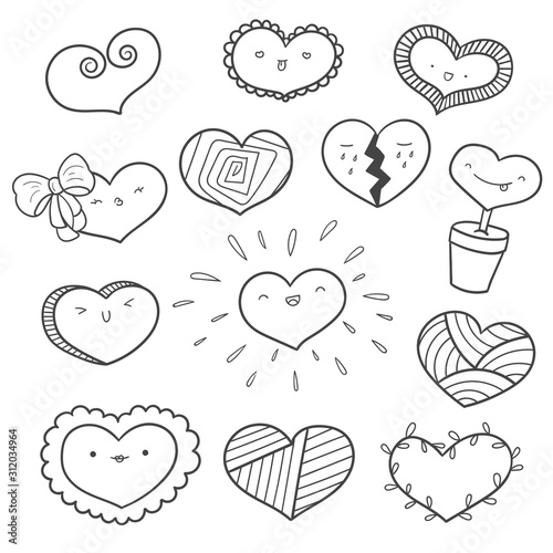 Set of doodle hearts with kawaii faces. Cute hearts, different shapes and patterns. Easy to change colors inside of objects.