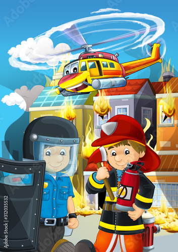 cartoon scene with fireman working near some ambulance and building is burning illustration for children