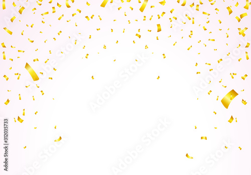 Sparkling Golden Glitter on White Vector Background . Falling Shiny Confetti with Gold Shards . Shining Light Effect for Christmas or New Year Greeting Card