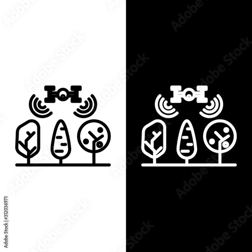 Set line Smart farm with drone control and tree icon isolated on black and white background. Innovation technology for agricultural company.  Vector Illustration