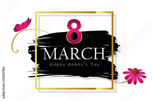 8th march international womens day black and gold card with butterfly and flower vector illustration EPS10