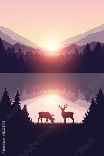 two reindeers by the lake at sunrise wildlife nature landscape vector illustration EPS10