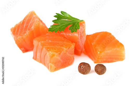 Red fish. Raw salmon fillet with parsley and peppercorns isolate on white background