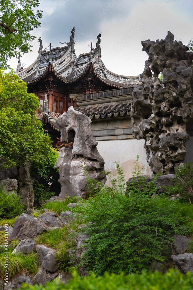 Traditional building and sculpture in Yu Garden, Shanghai, China
