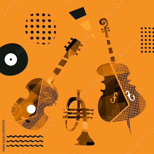 Tela Music promotional poster with violoncello, trumpet and guitar vector illustration