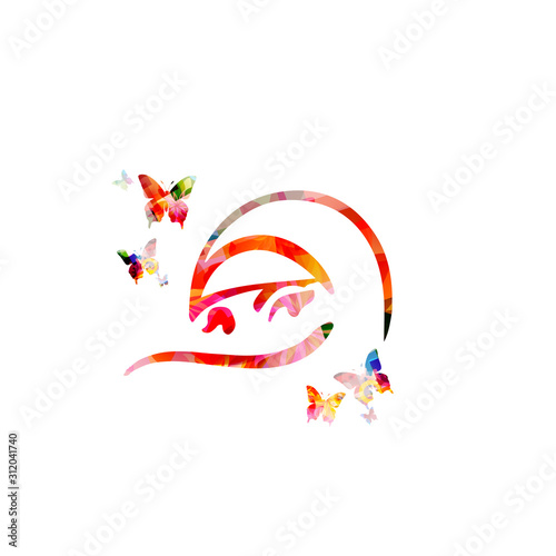 Colorful Arabic woman with hijab and butterflies isolated vector background. Fashion, cosmetics and face care design template