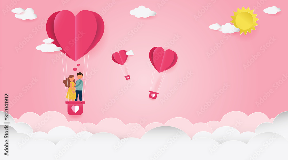 Valentine's day card, Vector illustration of Love couple in the balloon heart on blue sky and clouds background for Happy valentines day