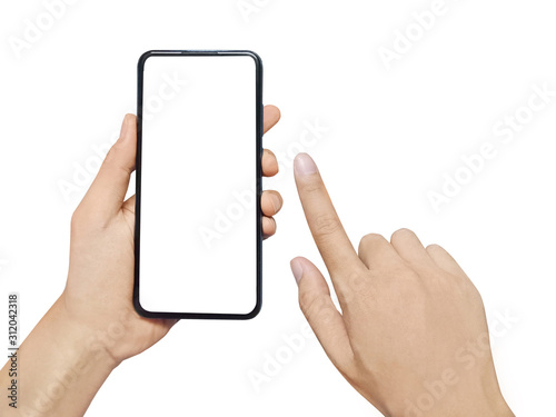 Man hand holding smartphone isolated on white background. Blank white screen for your text.