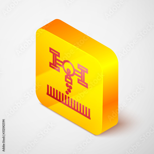Isometric line Smart farm with drone control for seed planting icon isolated on grey background. Innovation technology for agricultural company. Yellow square button. Vector Illustration
