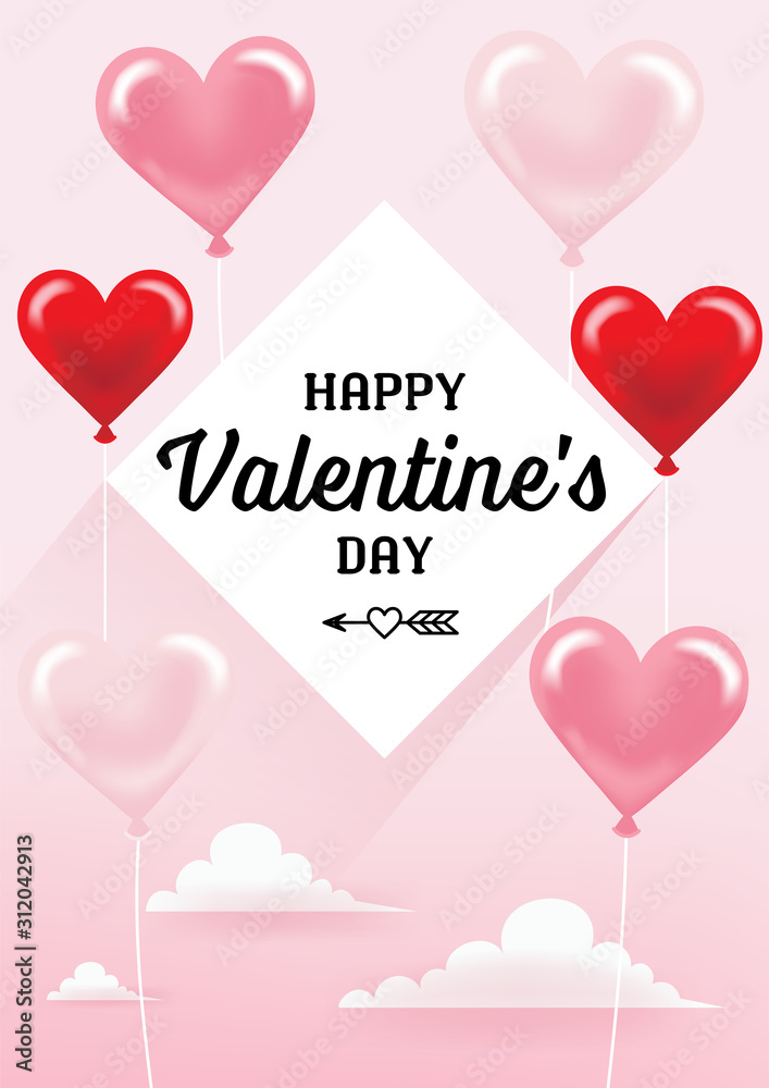 Valentine's day Design template , Heart shape balloons on Pink sky background , Vertical - Included greeting words