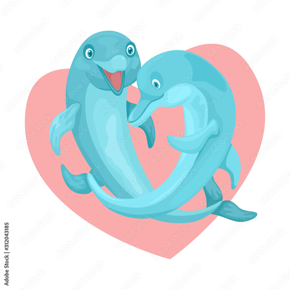 Two dolphins swim hugging. On the background of the heart. Symbol of love. Vector characters Two dolphins swim hugging. On the background of the heart. Symbol of love. Vector characters