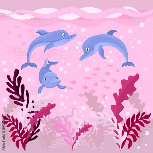 Dolphins swim in the ocean. Illustration of the seabed. Fish and algae. Vector drawing
