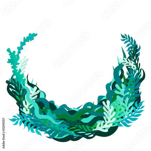 Circle frame of grass, algae and water. Marine design. Greens and various abstract lines. Vector isolated frame on white background.