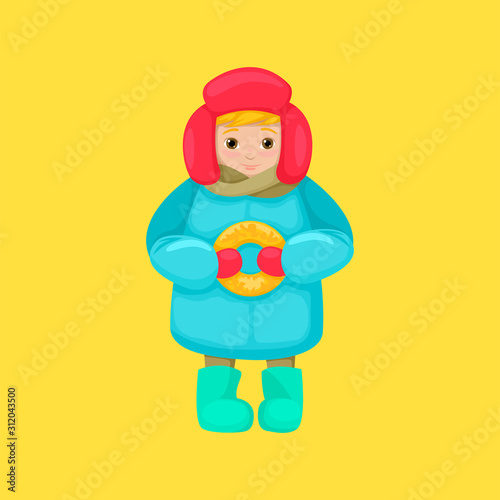 Child boy in a hat and fur coat holding a bagel pastry. Celebrates Shrovetide. Vector Isolated Character