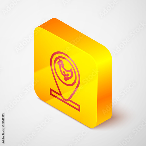 Isometric line Chicken farm and location icon isolated on grey background. Yellow square button. Vector Illustration