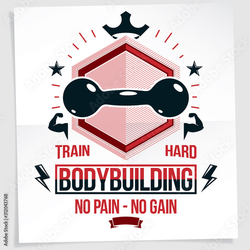 Gym motivation poster created with dumbbell vector element. No pain no gain writing.