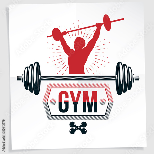 Bodybuilding championship advertising leaflet composed using vector illustration of muscular athlete holding barbell.