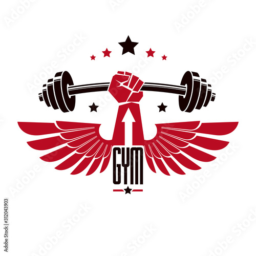 Bodybuilding weightlifting gym logotype sport club, retro stylized vector emblem or badge with wings. With barbell and strong hand fist.