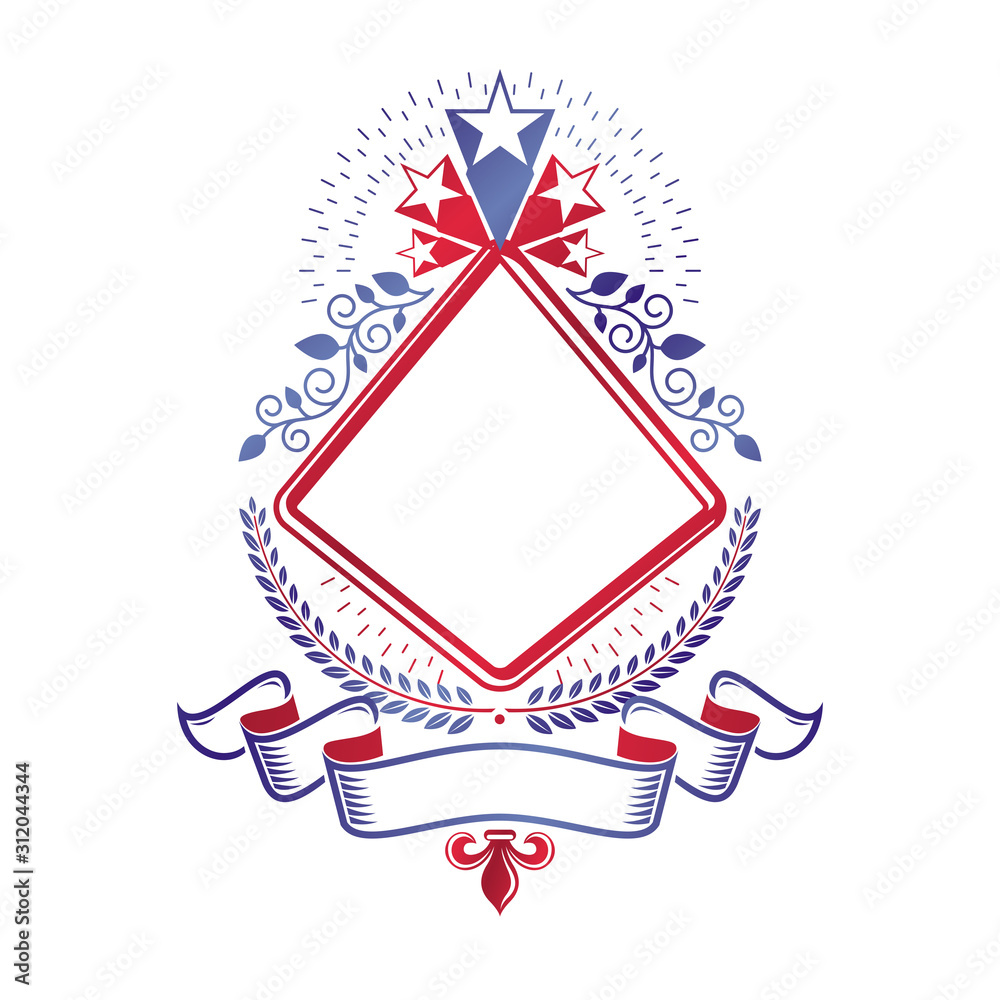 Fototapeta premium Graphic emblem decorated with military Star and simple ribbon. Heraldic Coat of Arms decorative logo isolated vector illustration.