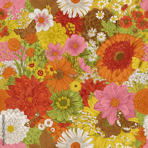 Seamless floral pattern 70s. Autumn flowers and butterflies. Warm colors.