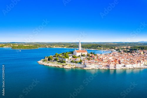 Adriatic coast in Istria, Croatia, aerial view of the old town of Rovinj and beautiful seascape coastline