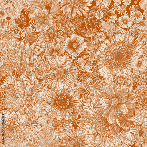 Seamless floral pattern 70s. Autumn flowers and butterflies. Orange.