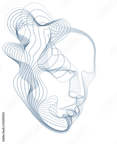 Beautiful futuristic illustration of human head made of dotted particles flow array, wavy shapes lines vector electronic soul of futuristic smart machines.