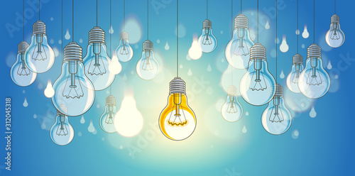 Idea concept light bulbs vector illustration with single one is shining, think different, creativity, be special, leadership.