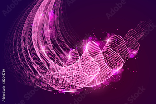 Wave of flowing particles over dark abstract vector magic background, smooth curvy shape dots transparent tulle textile on wind. 3d shape dots blended mesh, relaxing wallpaper.