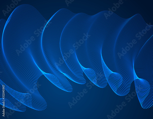 3d magic particles mesh array over dark, sound wave flowing, transparent tulle textile on wind. Round points vector effect illustration. Blended mesh, calming relaxing wallpaper.