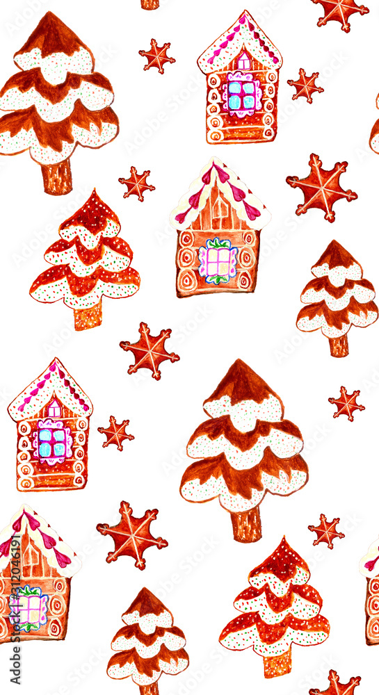 Gingerbread cookie village hand drawn pattern