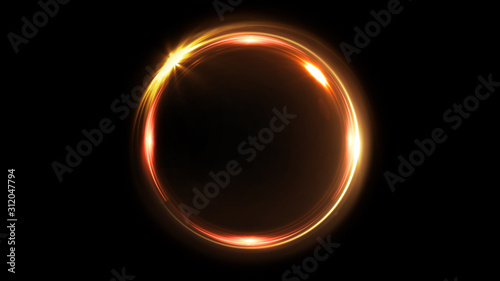 Abstract rotating neon circle in gold color. Luminous ring. Space tunnel. LED color ellipse. 3d illustration. Empty hole. Glow portal. Hot ball. flickering spin.
