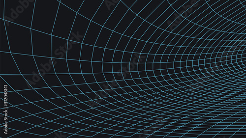 Vector perspective grid. Abstract wireframe landscape. Detailed lines on dark background. 3d vector illustration.