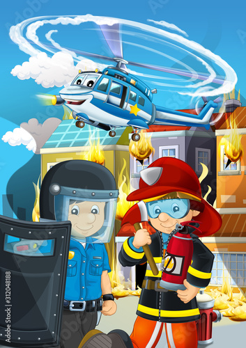 cartoon scene with fireman working near some ambulance and building is burning illustration for children