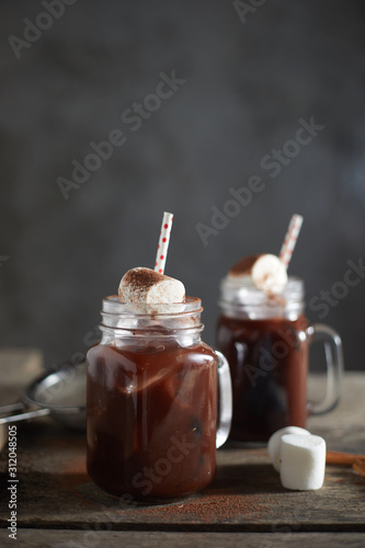 chocolate drink on wooden table. .