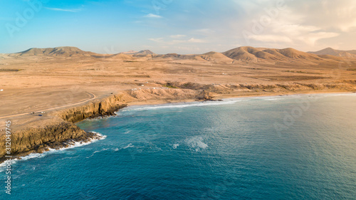 Aerial view west coast of Fuerteventura at sunset, canary islands