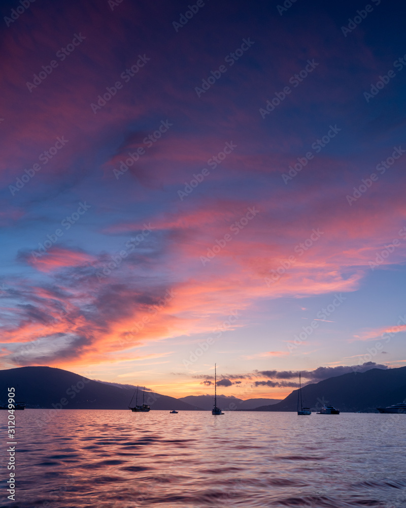 Sunset in Kotor Bay. Tivat, Montenegro